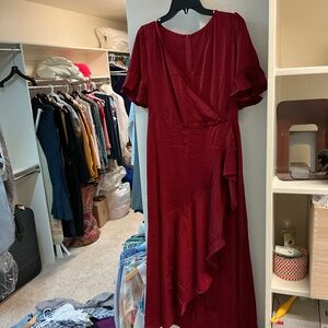 Burgundy silk elegant wrap dress from SHEIN.